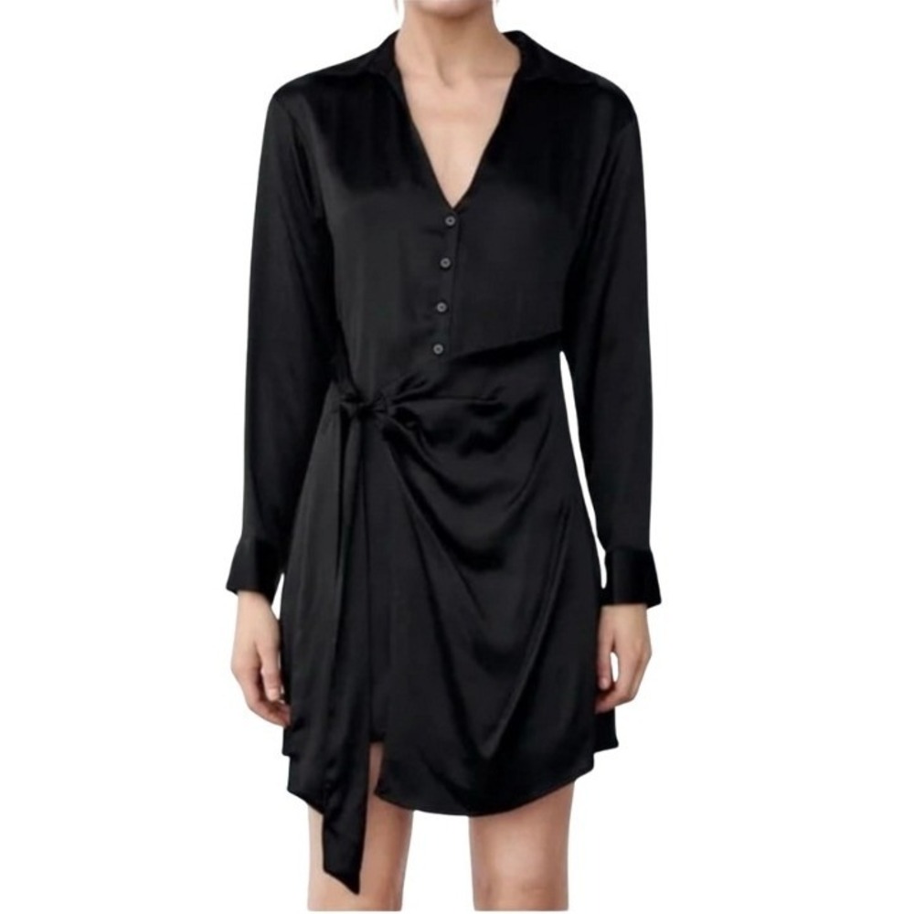 ZARA Black Satin Wrap Shirt Dress Tie Waist Long‎ Sleeve Sz M Minimal Parisian